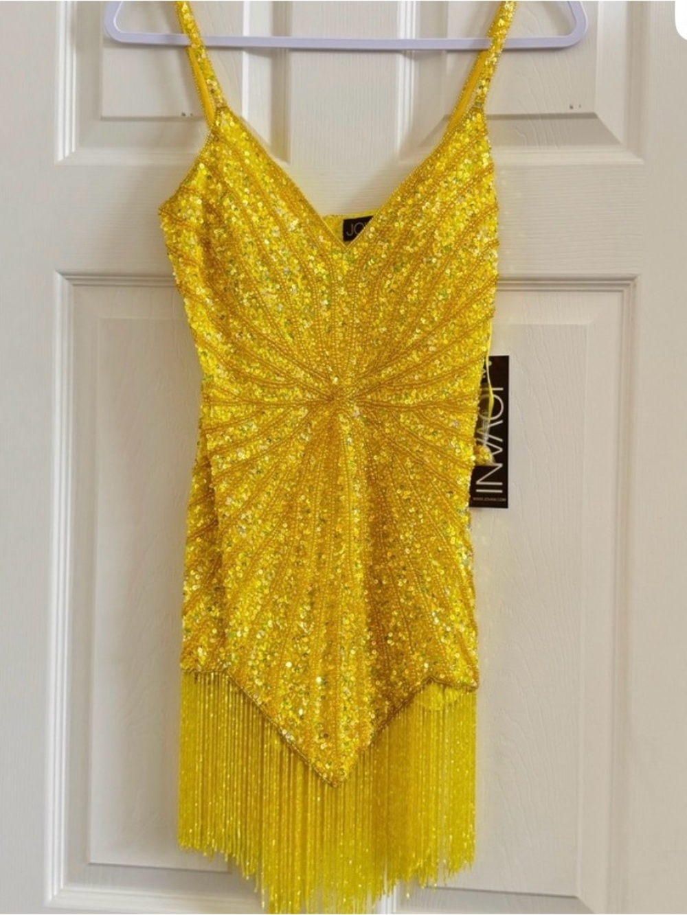 Jovani Yellow Sequin Fringe Mini Dress